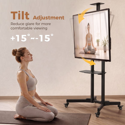 Mobile TV Stand on Wheels for 32-75 Inch TVs | 5-Level Height 120-187.5cm | ±15° Tilt | VESA up to 400x600mm | 50kg Load | 360° Locking Casters | Dual Shelves | Black