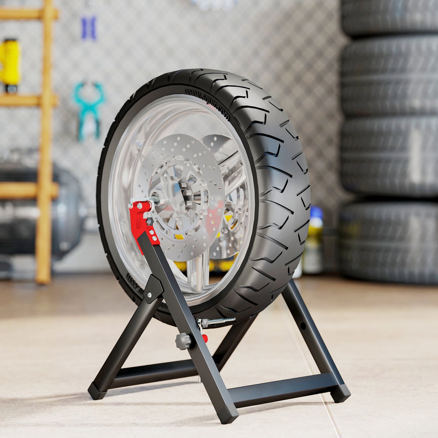 Foldable Motorcycle Wheel Balancer Truing Stand with Spoke Wrench, Steel Bike Tyre Rim Balancing Stand with Aluminium Shaft, Fits Wheels up to 23" in Diameter, 5" in Width, Black