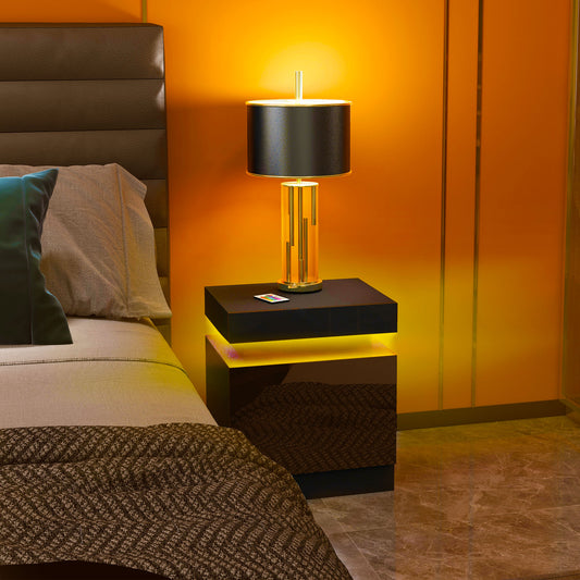 Black Bedside Table with LED Light, High Gloss Front Nightstand with 2 Drawers, for Living Room, Bedroom