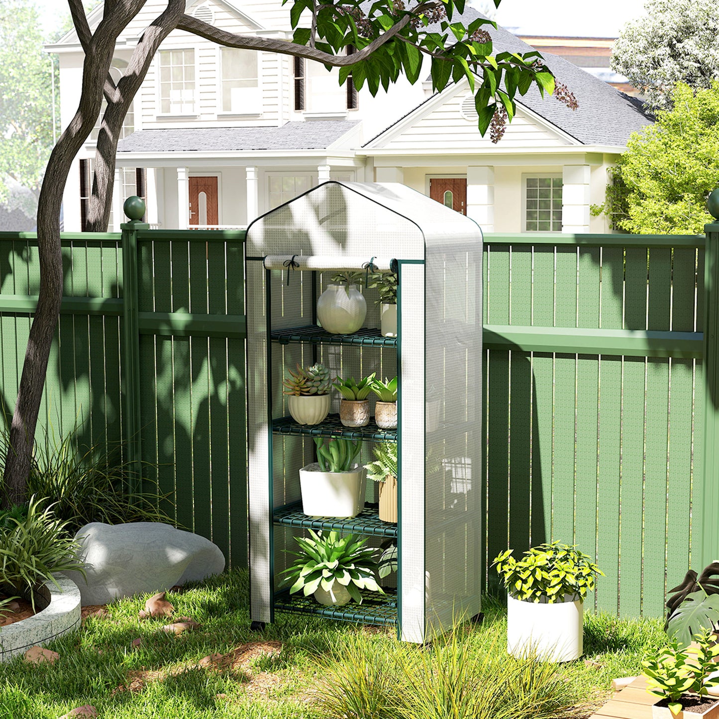 Mini Portable Greenhouse | 4 Shelves | Transparent PE Cover | Double-Zip Door | Lockable Rolling Wheels | 10kg Per Shelf | Balcony & Patio | 69 x 50 x 165cm | White