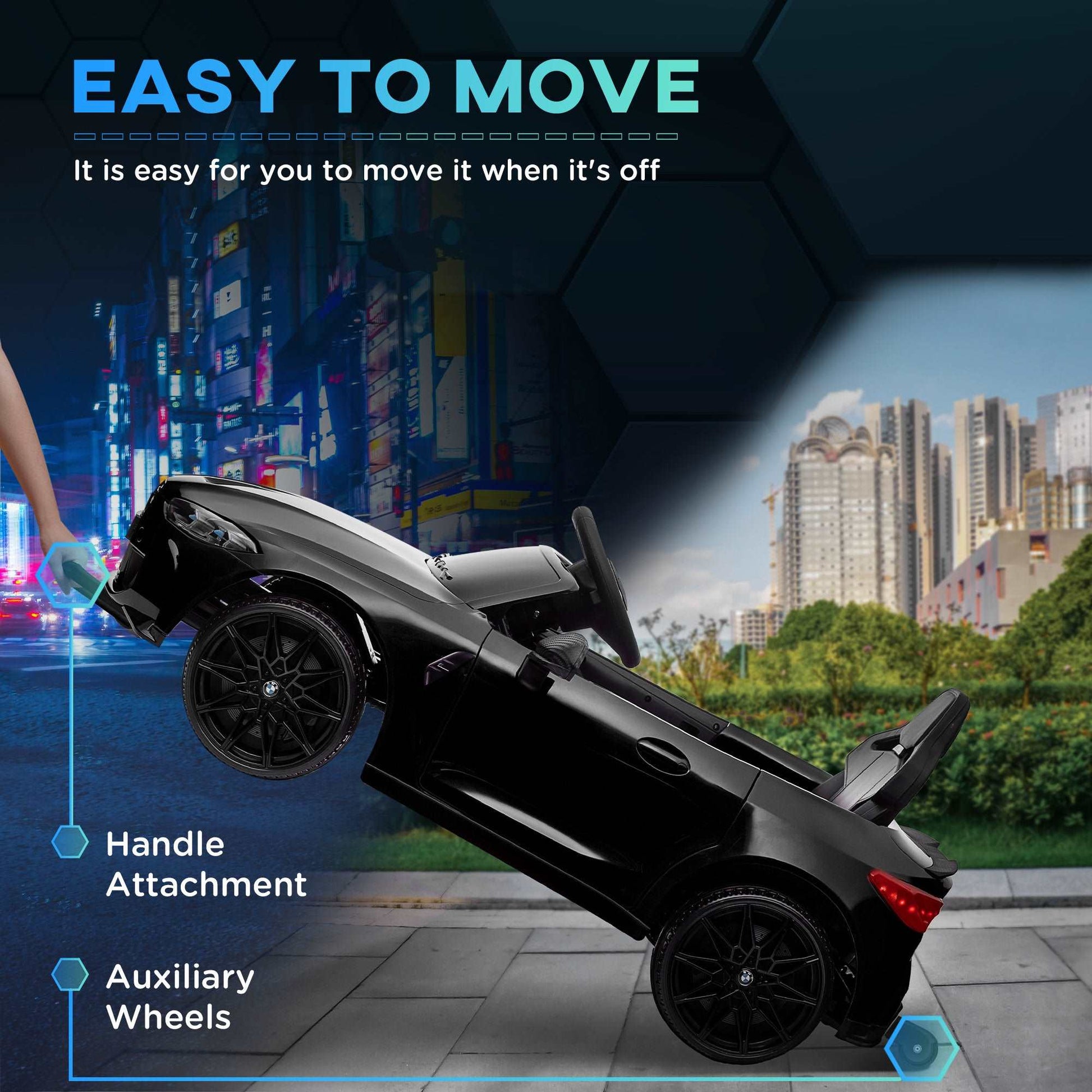 12V BMW M4 Licensed Kids Car with Easy Transport, Remote Control, Suspension, Music, Horn, LED Lights