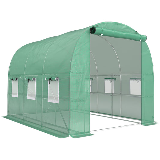 Walk-In Polytunnel Greenhouse with Shelves | Galvanised Steel Frame | UV-Resistant PE Cover | Arched Roof | Roll-Up Door | 6 Mesh Windows | Inner Shelves 50kg Per Tier | 4 Stakes & Guy Ropes | 198x275x191cm | Green
