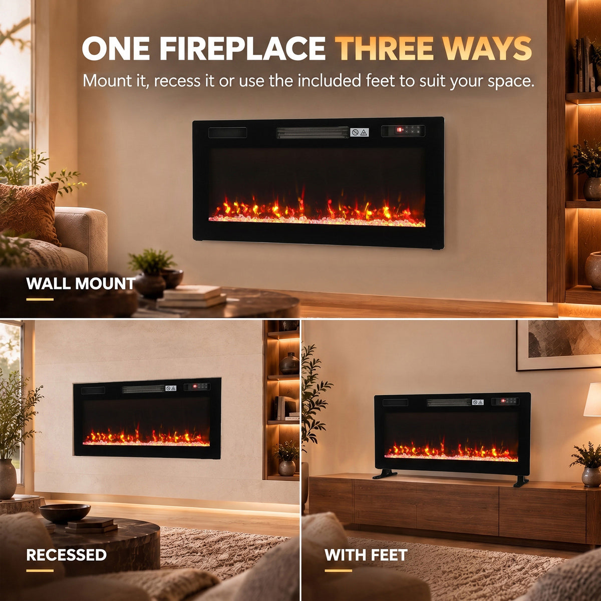 92cm Slim Electric Fireplace | Wall Mounted, Recessed or Freestanding | 900/1800W, 12 Flame Colours, Remote & 7-Day Programme | Black