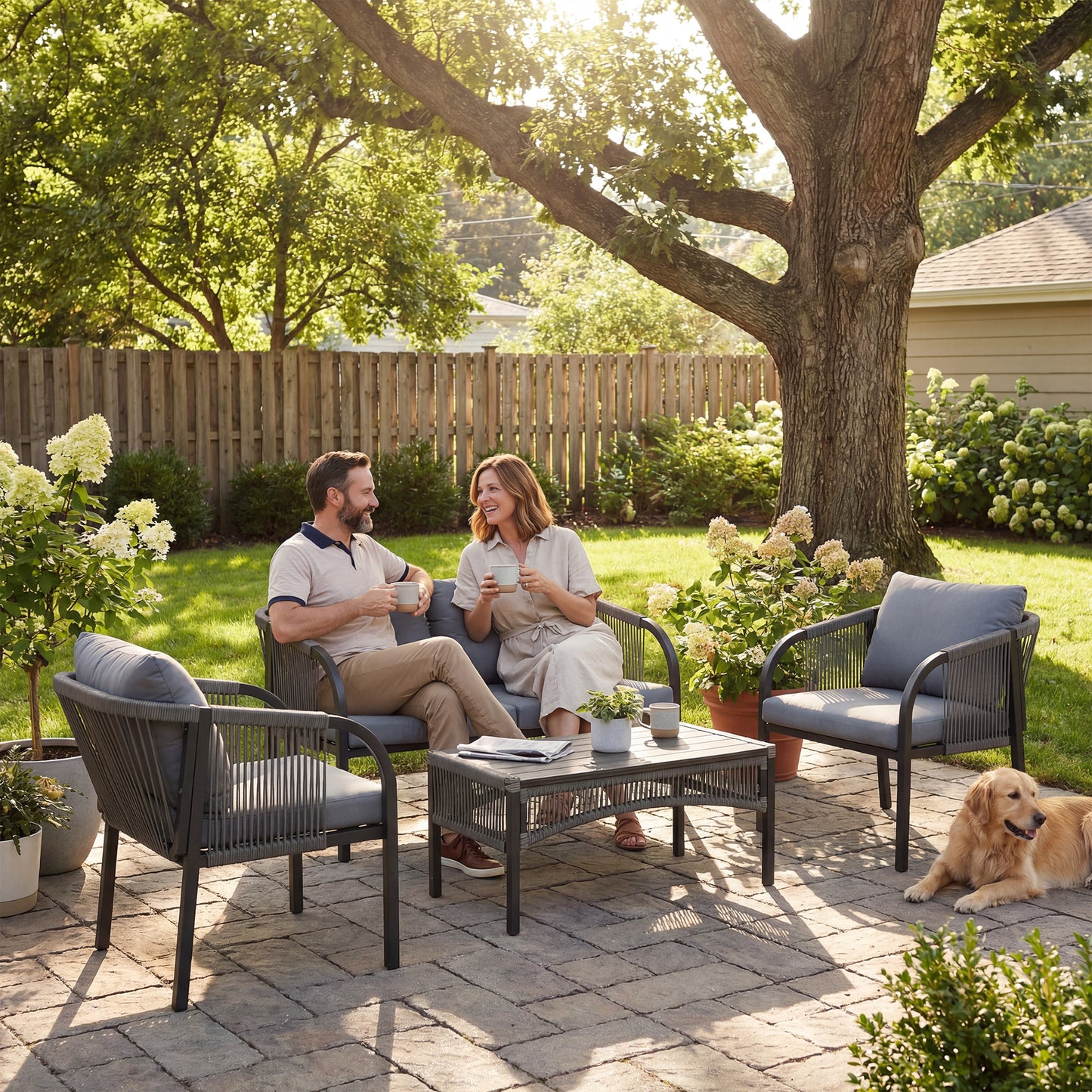 4 Piece Rattan Garden Furniture Set | Loveseat | 2 Armchairs | Wood-Effect WPC Coffee Table | Round PE Wicker | Powder-Coated Steel | Washable Cushions | 120kg | Grey