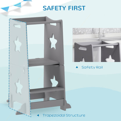 2-in-1 Toddler Step Stool & Table Chair Set | Safety Rail | Solid Pinewood & MDF | EN71 Certified | 30kg Capacity | Ages 3–6 | Kitchen Bathroom & Bedroom | Grey