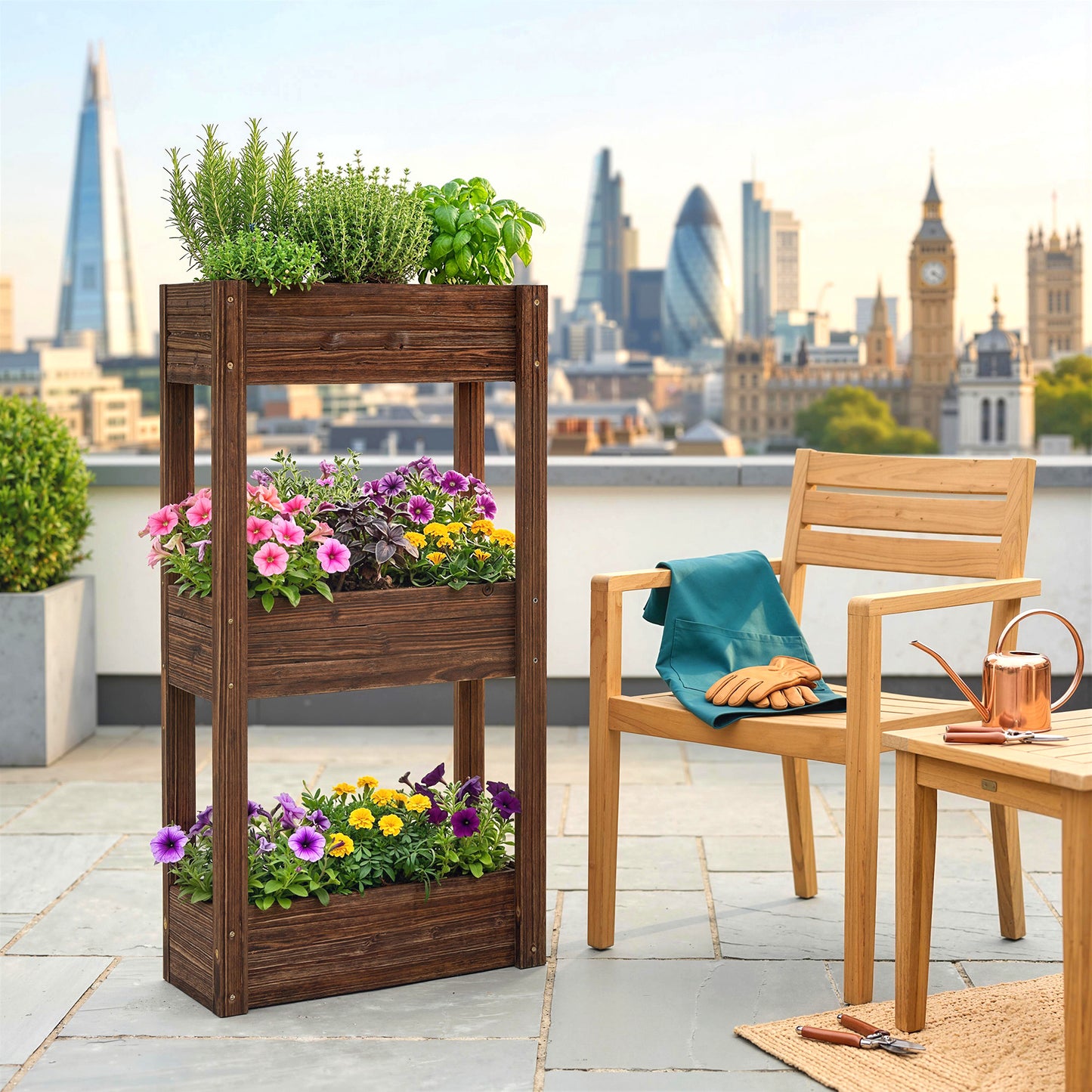 3-Tier Wooden Raised Planter, Raised Garden Bed on Legs with Drainage Holes and Bed Liner, Elevated Garden Planter