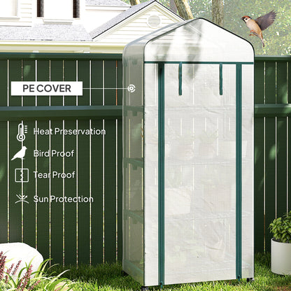 Mini Portable Greenhouse | 4 Shelves | Transparent PE Cover | Double-Zip Door | Lockable Rolling Wheels | 10kg Per Shelf | Balcony & Patio | 69 x 50 x 165cm | White