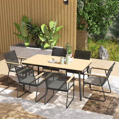 6 Seater Garden Dining Table Set with Soft Cushions, Rattan Backrest, Rectangular Plastic Top, Garden Furniture Set, Outdoor W/ Chairs