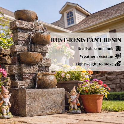 5-Tier Resin Cascading Waterfall Fountain | Hand-Painted Weathered Stone Look | 4 Warm LED Lights | 3-Speed Adjustable Pump | 5W | 230V | 3m Cable | 31x25.5x72cm | Garden Patio & Balcony | Rustic Brown