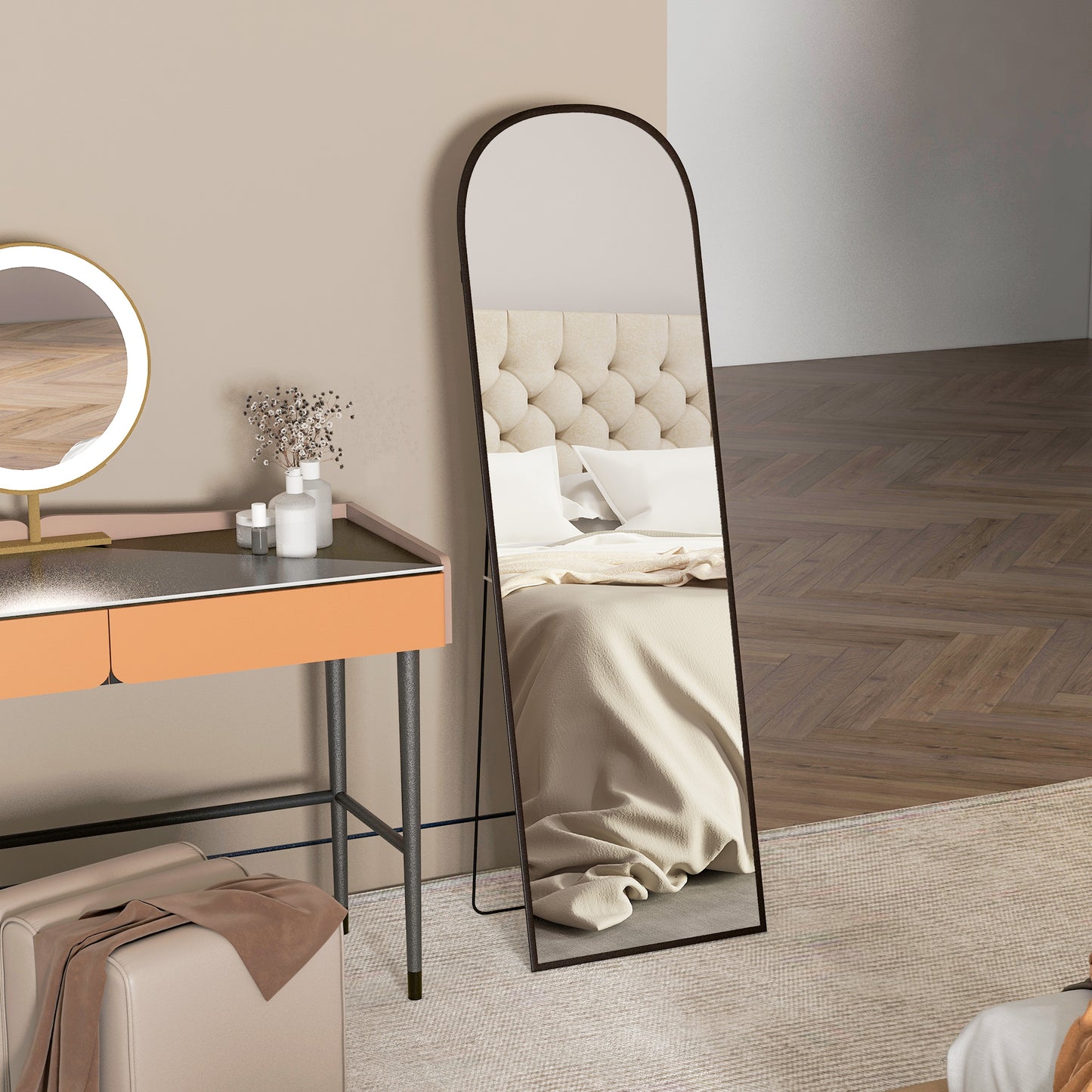 Full Length Mirror, 162x50cm Arched Free Standing Floor Mirror with Aluminium Alloy Frame, Hanging or Leaning for Living Room, Bedroom, Black Frame