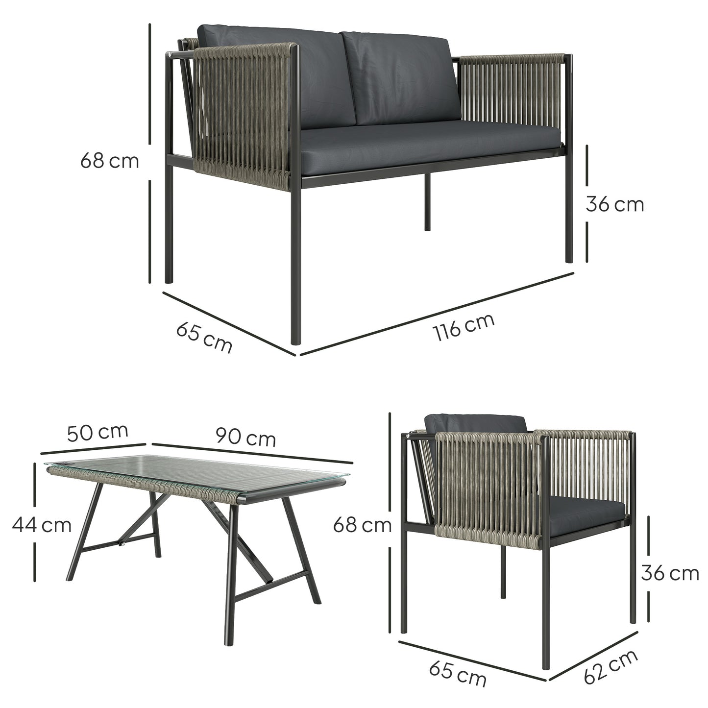 4 Piece Rattan Garden Furniture Set, 4 Seater Wicker Outdoor Furniture Set with 2 Armchairs, Loveseat, Glass Top Coffee Table, Grey