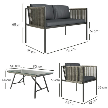 4 Piece Rattan Garden Furniture Set, 4 Seater Wicker Outdoor Furniture Set with 2 Armchairs, Loveseat, Glass Top Coffee Table, Grey