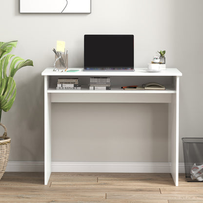 Home Office Desk & Ergonomic Mesh Chair Set | Flip-Up Arms | Storage Shelf | White & Grey