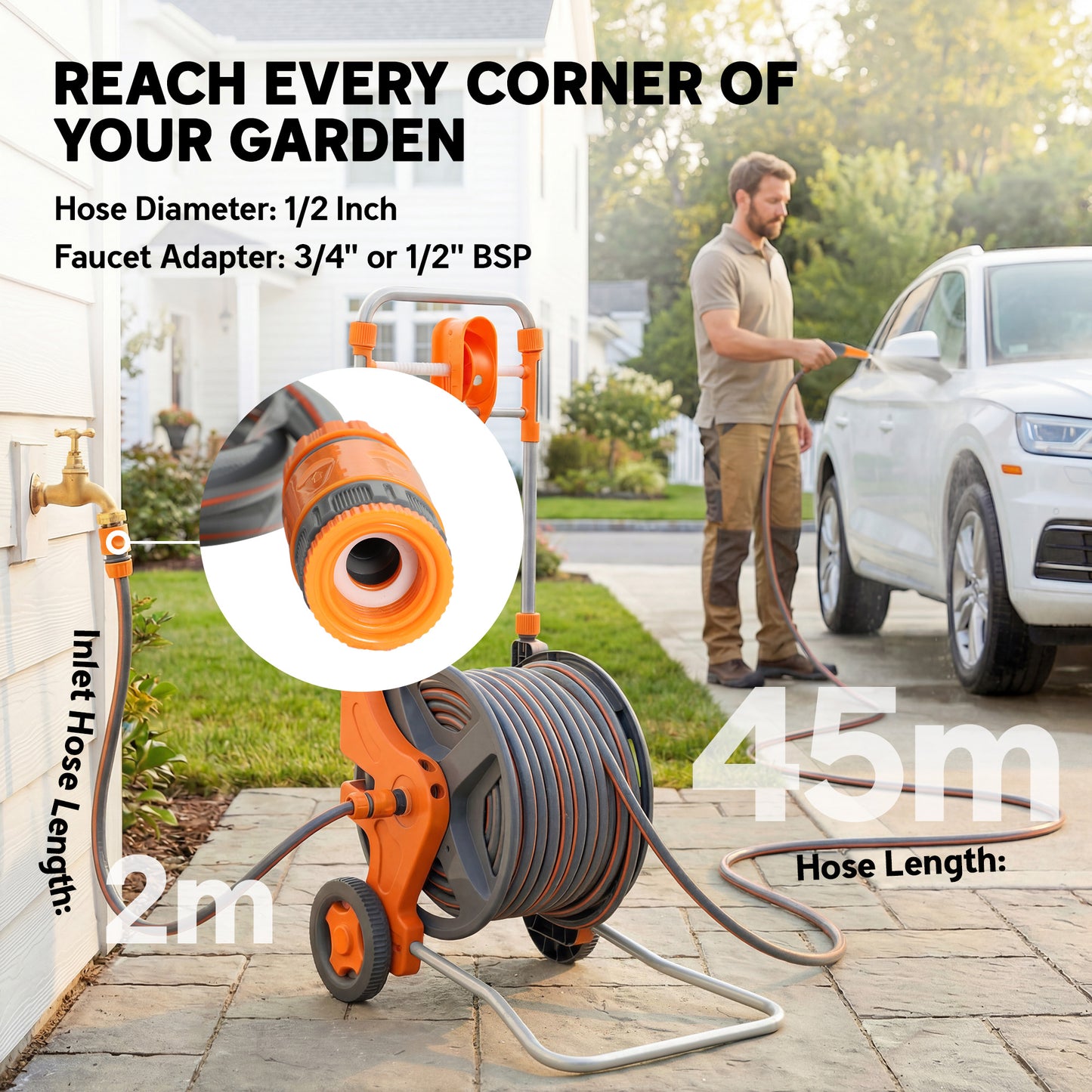Garden Hose Reel Cart on Wheels | 45+2m | Dual-Mode Nozzle | Manual Crank & Built-In Guide | Weather-Resistant PVC | 8 Bar Working Pressure | Freestanding | 45x44x78cm | Orange