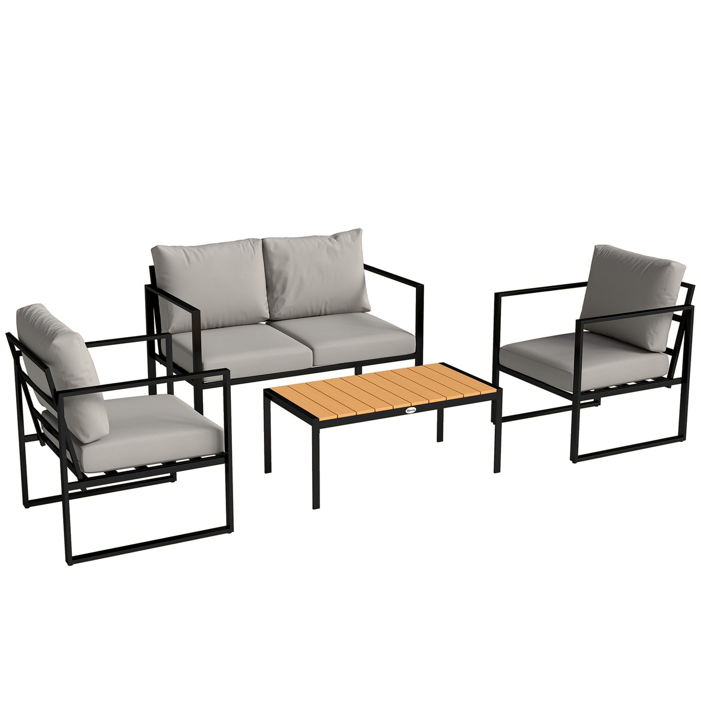 4-Piece Garden Sofa Set | Loveseat | 2 Armchairs | Slatted Plastic-Wood Coffee Table | Powder-Coated Frame | Zip Cushion Covers | Adjustable Foot Pads | 240kg Loveseat Capacity | Grey