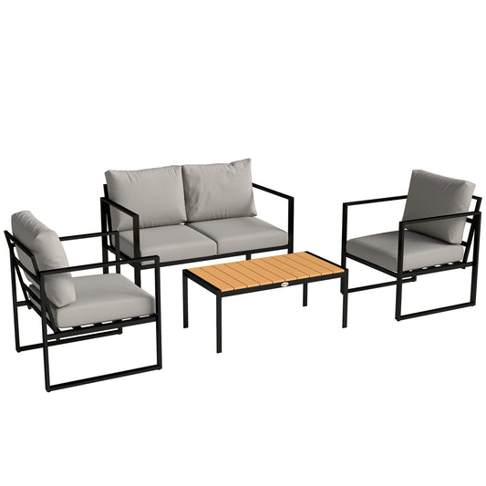 4-Piece Garden Sofa Set | Loveseat | 2 Armchairs | Slatted Plastic-Wood Coffee Table | Powder-Coated Frame | Zip Cushion Covers | Adjustable Foot Pads | 240kg Loveseat Capacity | Grey