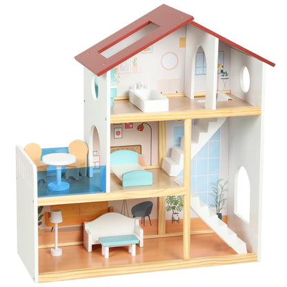 AIYAPLAY Wooden Dolls House | 3 Storeys & 5 Play Areas | 11 Movable Accessories | Balcony & Stairs | 66cm Tall | White | Ages 3+