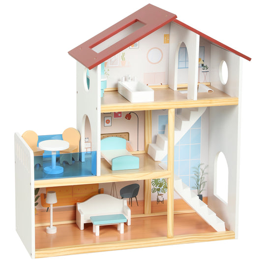 AIYAPLAY Wooden Dolls House | 3 Storeys & 5 Play Areas | 11 Movable Accessories | Balcony & Stairs | 66cm Tall | White | Ages 3+