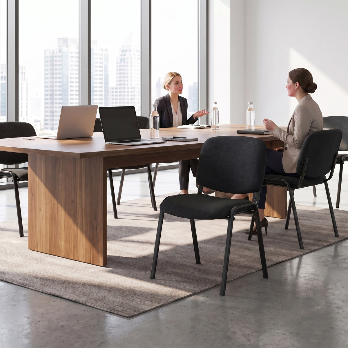 Stackable Office Reception Chairs Set of 4 | Black Padded Meeting Chairs | Steel Frame | 120kg Capacity
