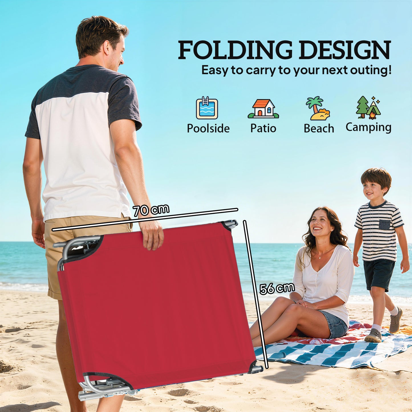 Set of 2 Folding Sun Loungers | 4 Position Adjustable Back | Oxford Fabric | Powder Coated Steel | Portable | 120kg | Red