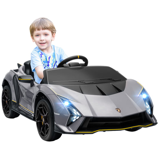 AIYAPLAY 12V Lamborghini Autentica Licensed Kids Electric Car with Remote Control, 4 Suspension Wheels, Soft Start, Grey / Pink