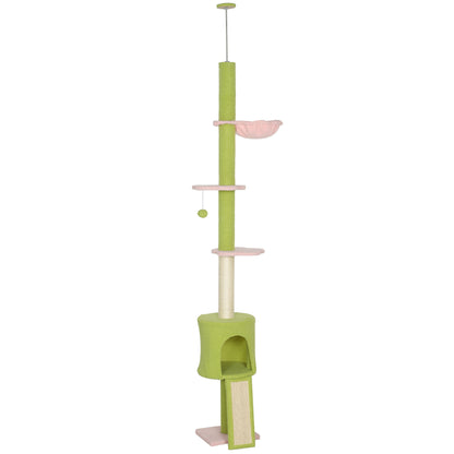 PawHut 220-240 cm Floor to Ceiling Cat Tree Adjustable Height with Hammock, Condo, Scratching Posts, Green