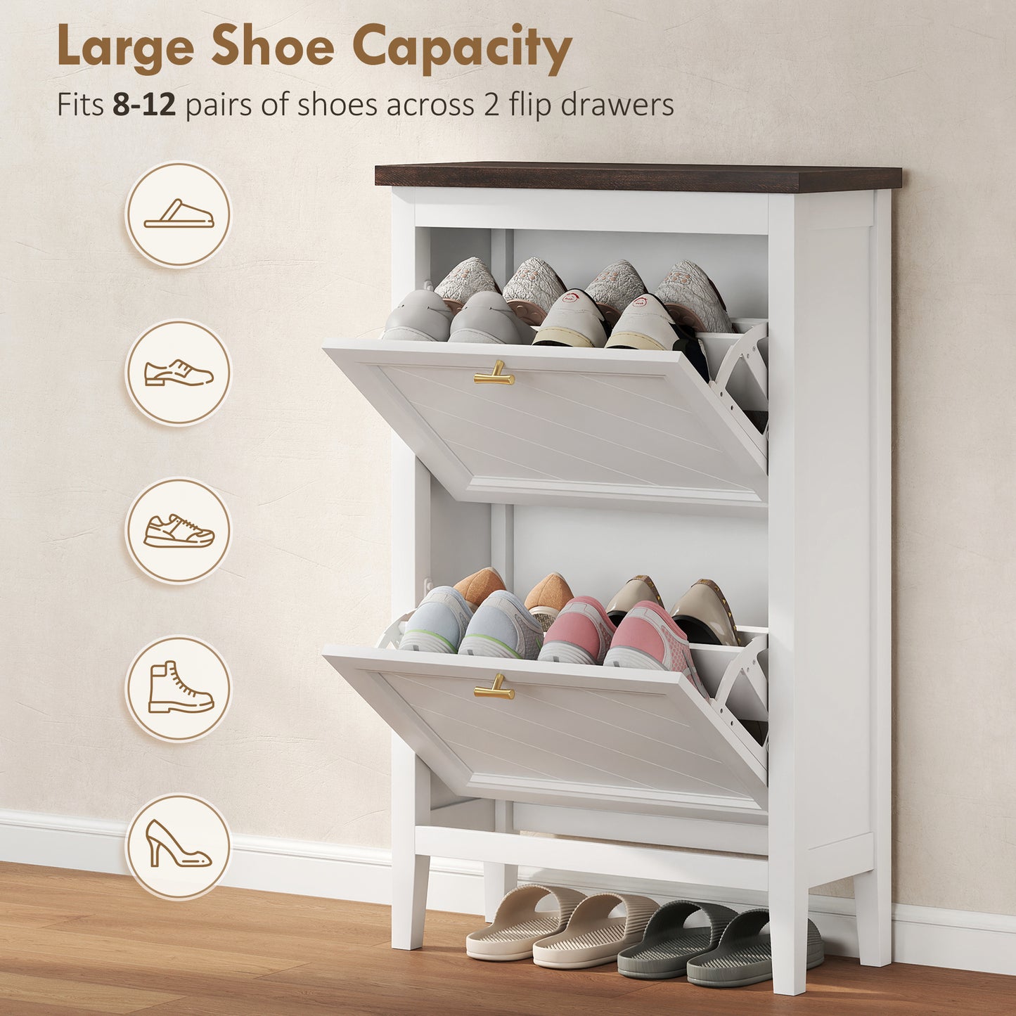 Farmhouse Narrow Shoe Cabinet | 2 Flip Drawers | Gold Handles | White | 96.7cm