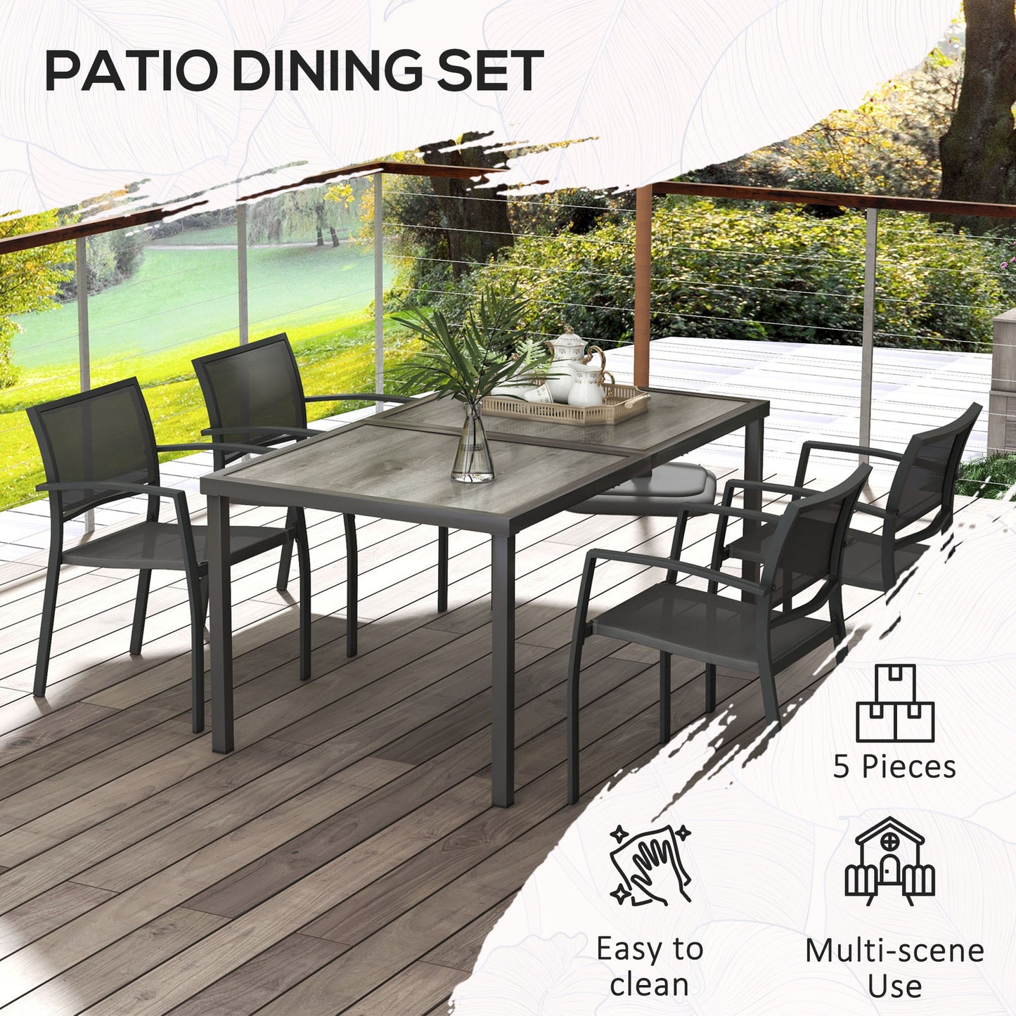 5-Piece Garden Dining Set | 150cm Wood-Effect Table | 4 Stackable Mesh Armchairs | Powder-Coated Steel | 120kg Per Chair | Rustic Design | 150 x 87 x 72cm | Grey
