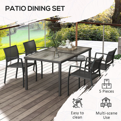 5-Piece Garden Dining Set | 150cm Wood-Effect Table | 4 Stackable Mesh Armchairs | Powder-Coated Steel | 120kg Per Chair | Rustic Design | 150 x 87 x 72cm | Grey