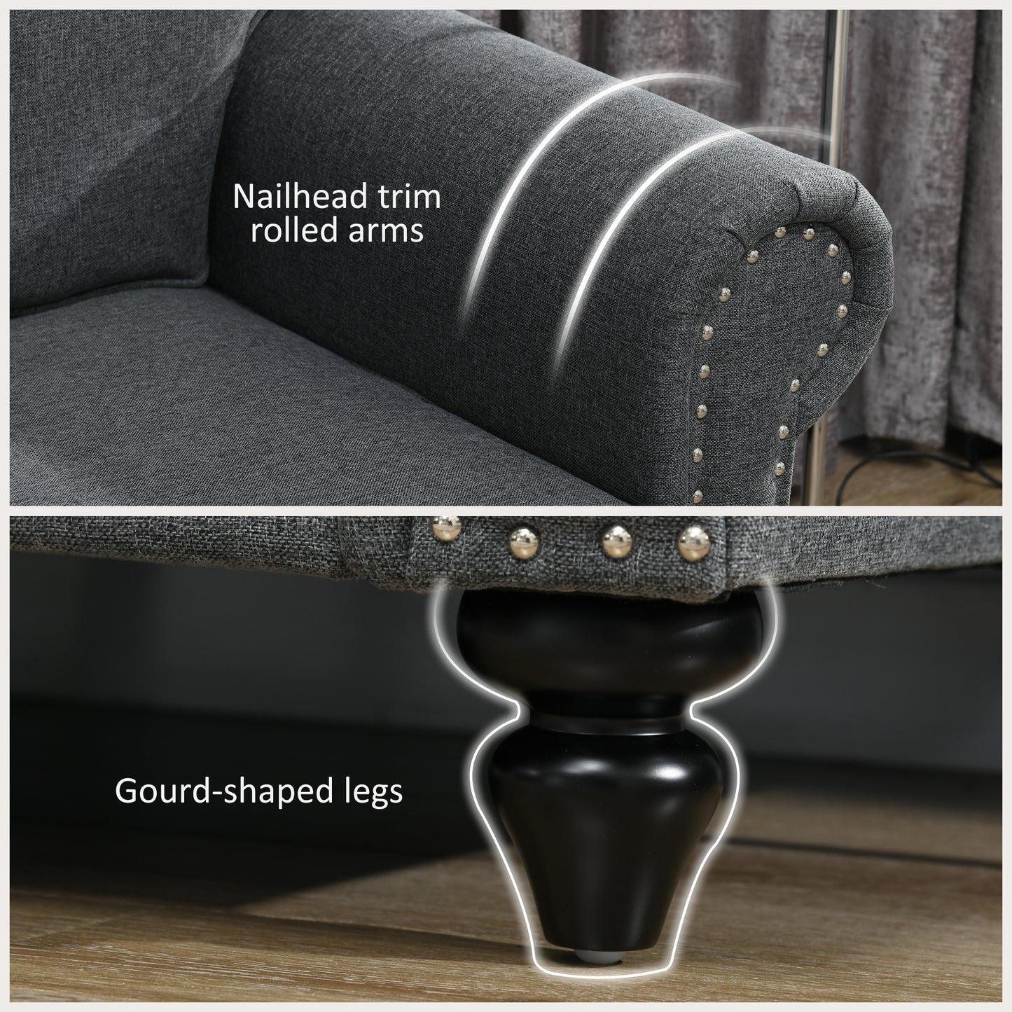 Retro Vintage Style Two-Seater Mid-Century Sofa, with Pocket Springs - Charcoal Grey