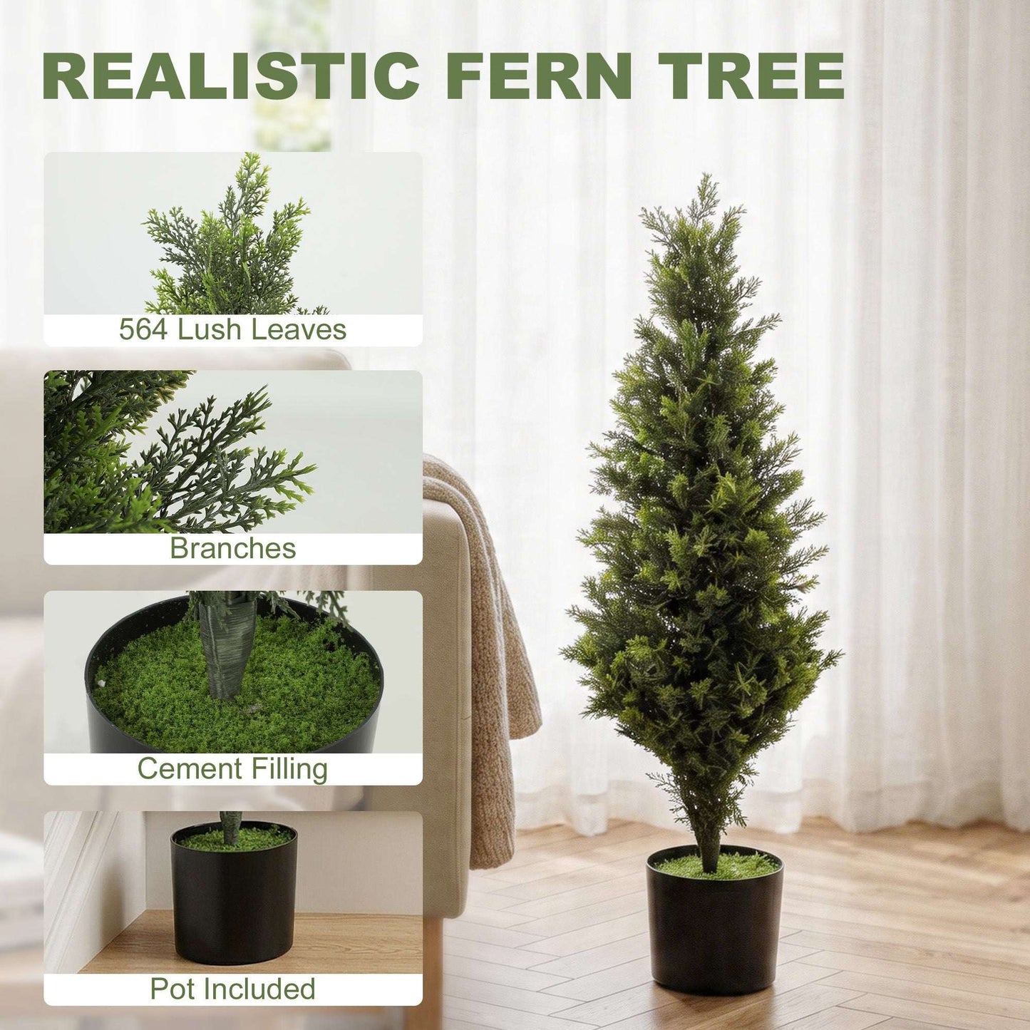 Set of 2 Artificial Cypress Trees | 90cm | 564 PE Leaves | Shapeable Branches | Cement Base | No Maintenance | Green