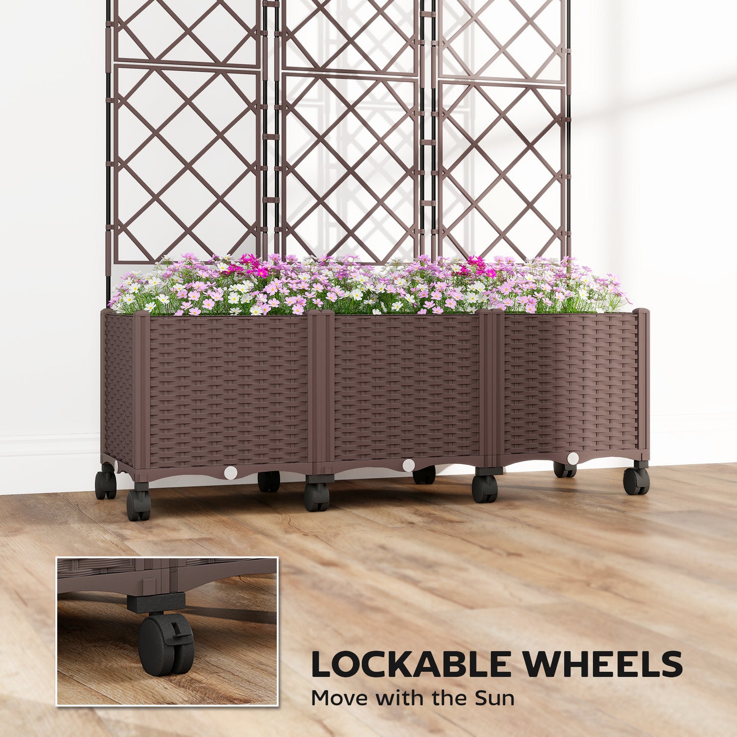 Self-Watering Raised Planter with Trellis | 8 Wheels 4 Lockable | Built-In Reservoir | Drainage Holes & Plugs | PP Fade Resistant | 20kg Capacity | 120x40x192cm | Brown