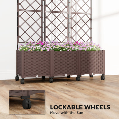 Self-Watering Raised Planter with Trellis | 8 Wheels 4 Lockable | Built-In Reservoir | Drainage Holes & Plugs | PP Fade Resistant | 20kg Capacity | 120x40x192cm | Brown