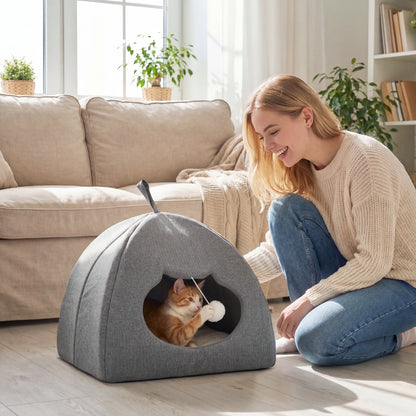Cat Cave Bed & Cat House | Reversible All-Season Cushion | Teaser Ball | Cat-Shaped Entrance | Anti-Slip Base | 42x42x39cm | Suits Cats to 5kg | Grey