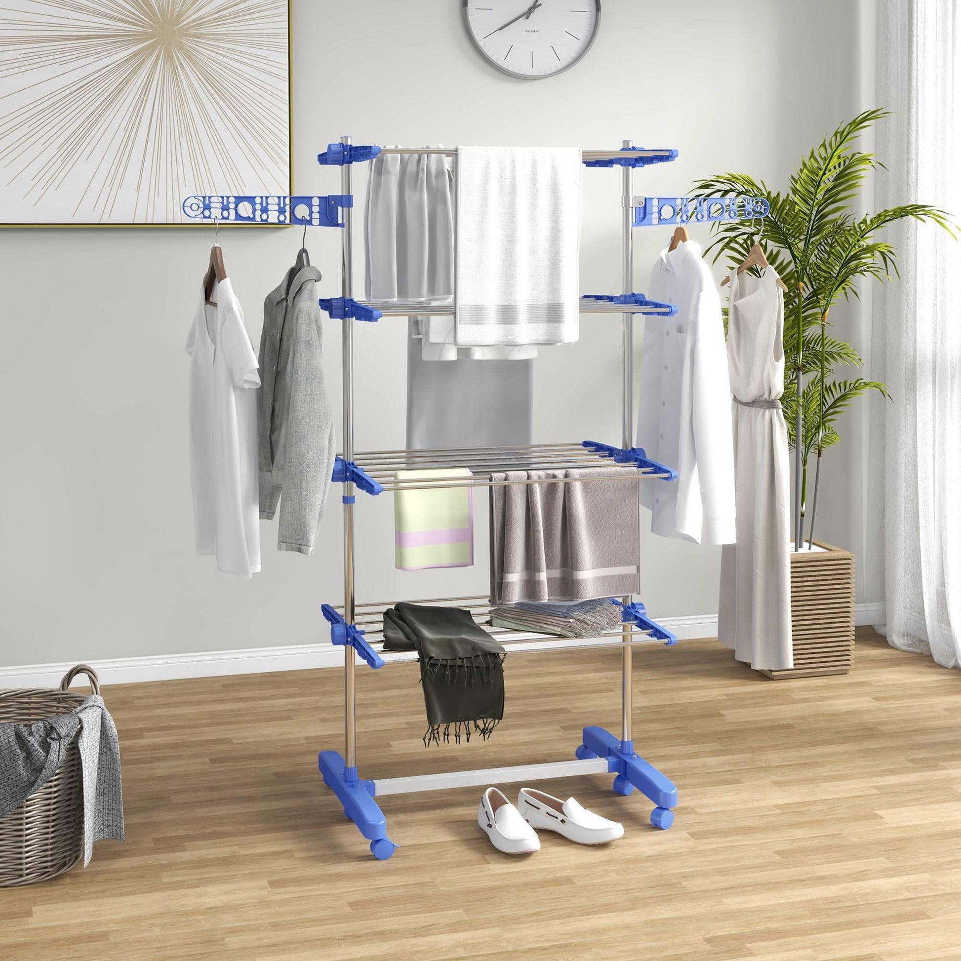 4-Tier Clothes Airer, Foldable Clothes Drying Rack, Indoor And Outdoor Clothes Dryer With Wheels and Wings, 142 x 55 x 172cm, Blue