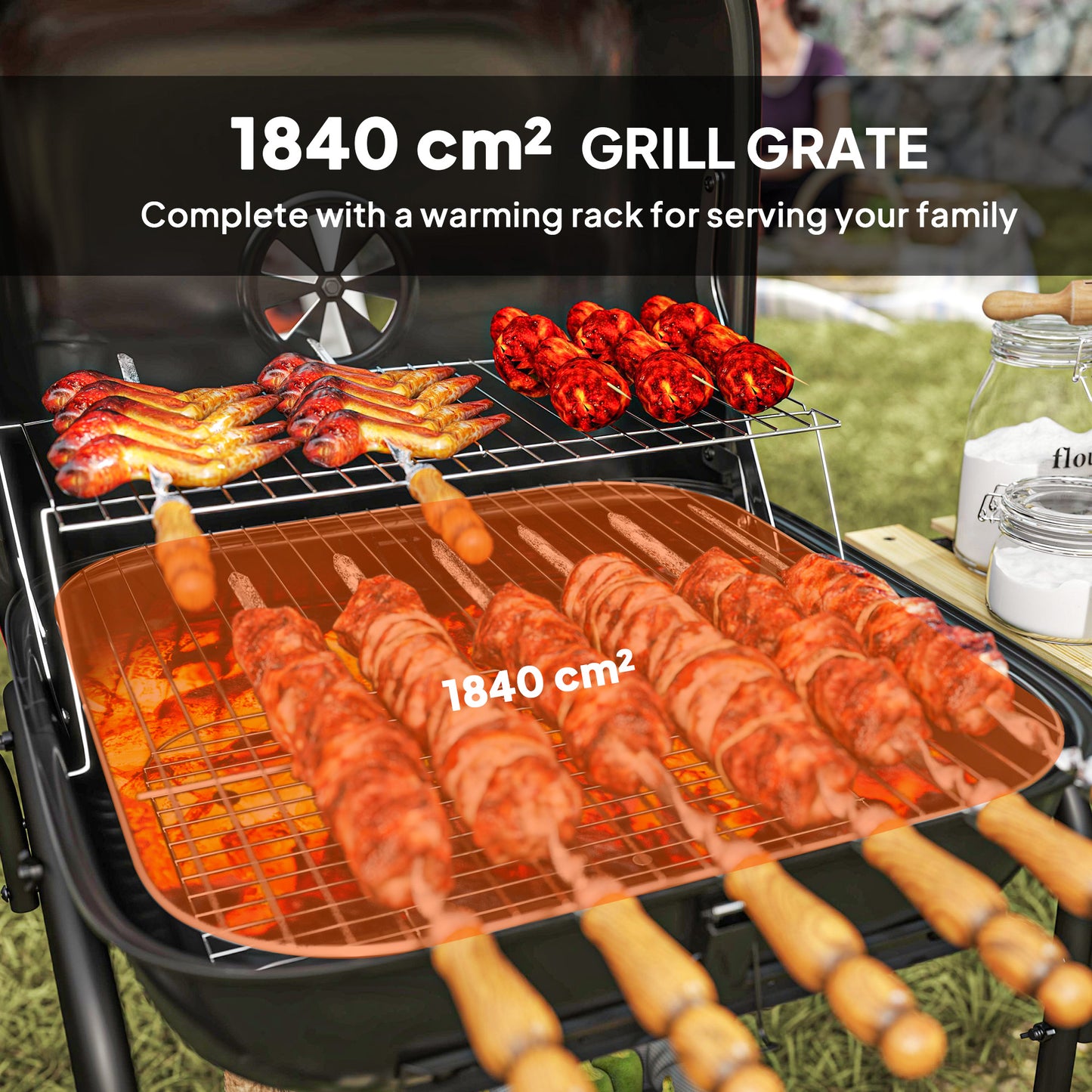 Charcoal Barbecue Grill Portable BBQ Grill with 1840 cm² Cooking Area, 3 Shelves, Adjustable Vent, Wheels for Outdoor Cooking, Garden Party