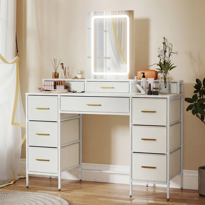 Dressing Table with LED Mirror | 10 Fabric Drawers | Gold Handles | 3 Light Modes | Anti-Tip | White