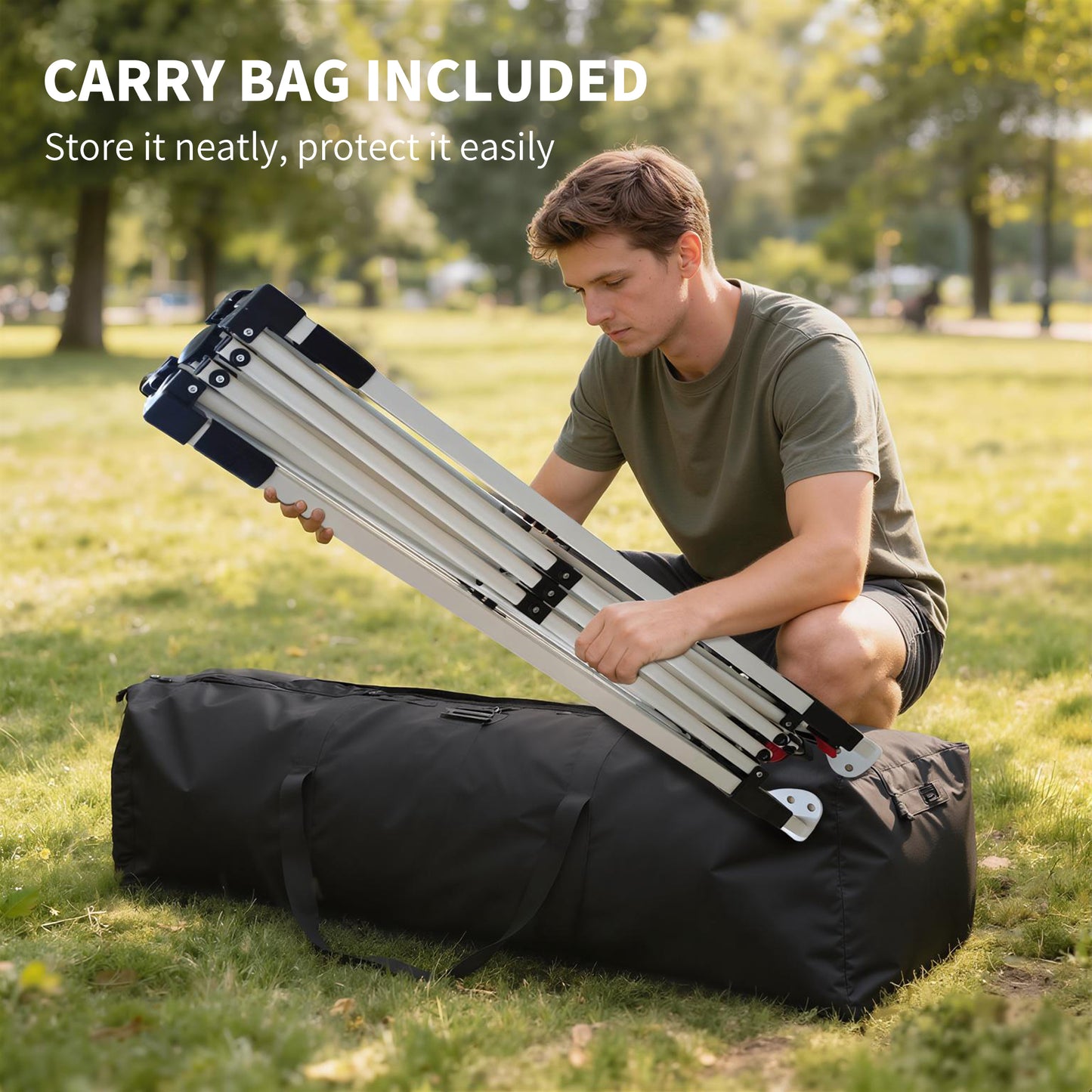 3x3m Pop-Up Gazebo with Flip-Down Wheels & One-Push Central Lock | UPF50+ 210D Oxford Fabric | Top Mesh Vent | 3-Height Adjustment | 4 Sandbags, 4 Guy Ropes & 12 Stakes | Carry Bag | 300x300x273cm | White