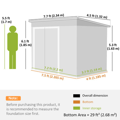 Galvanised Steel Garden Storage Shed | Triple Lockable Access | Double Front Doors & Side Door | Powder-Coated | Ventilation Slots | Sloped Roof | 25kg/m² Snow Load | 234x132x185cm | 2.68m² | Dark Grey