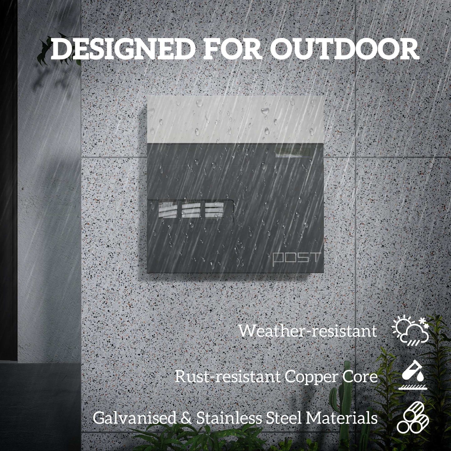 Wall Mounted Post Box with Viewing Window,  Modern Galvanised Steel Mailbox with Copper Core, Weatherproof Letterbox Charcoal Grey