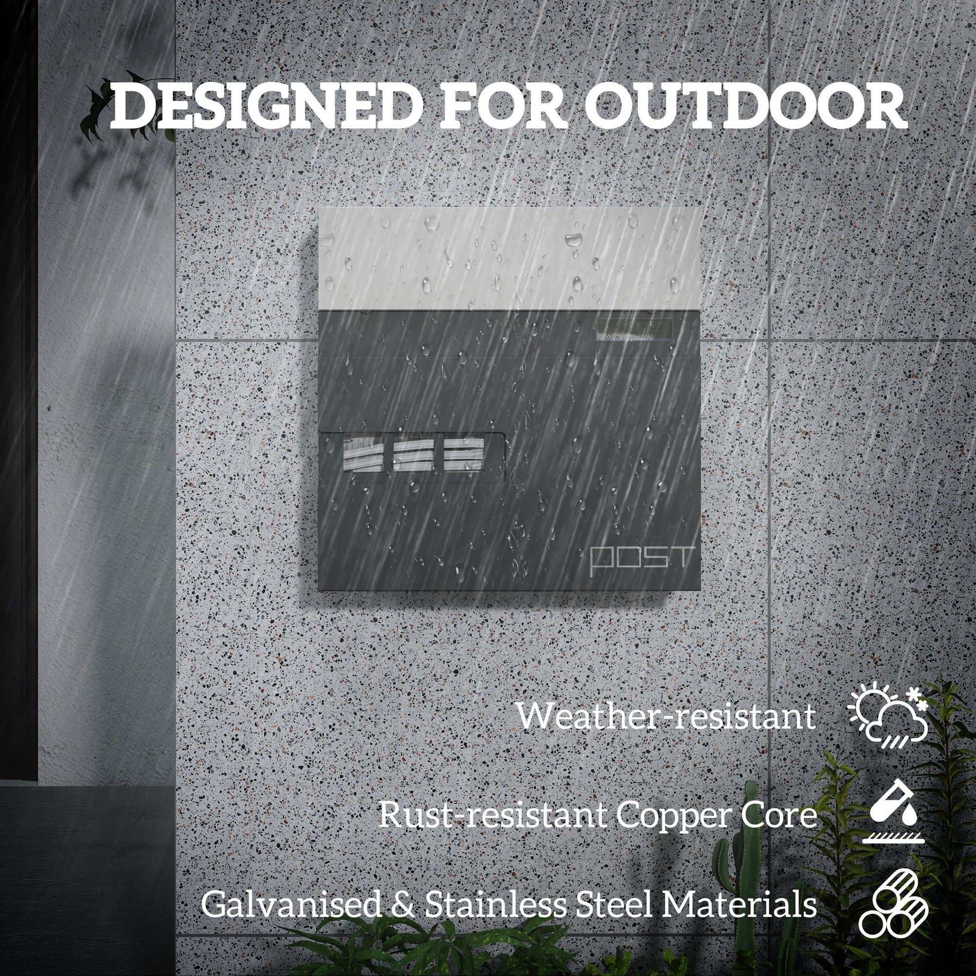 Wall Mounted Post Box with Viewing Window,  Modern Galvanised Steel Mailbox with Copper Core, Weatherproof Letterbox Charcoal Grey