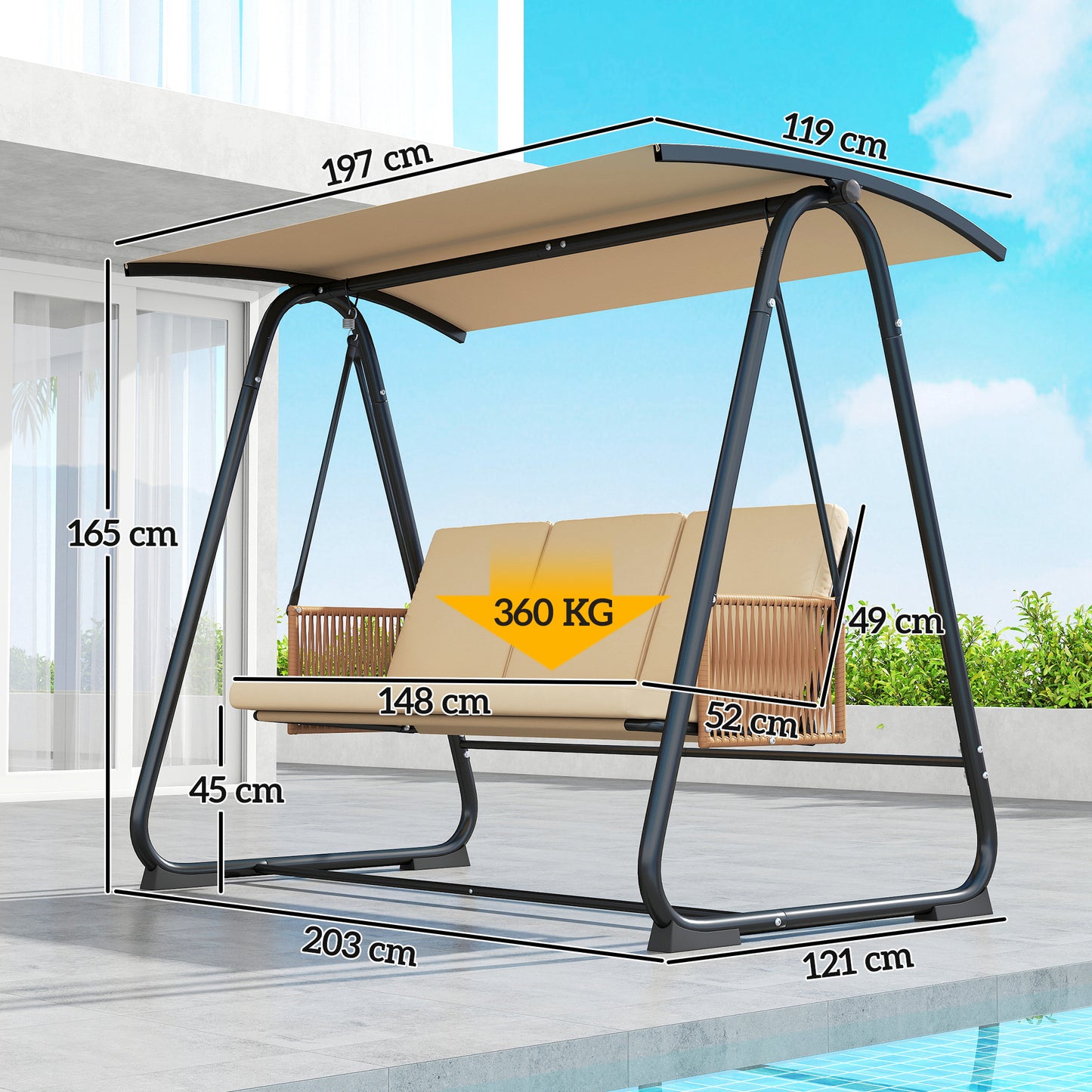 3 Seater Garden Swing Chair | UPF30+ Adjustable Canopy | Texteline Seat | Rattan Armrests | Thick Cushions | Washable Covers | Powder-Coated Frame | 360kg | Sand Brown