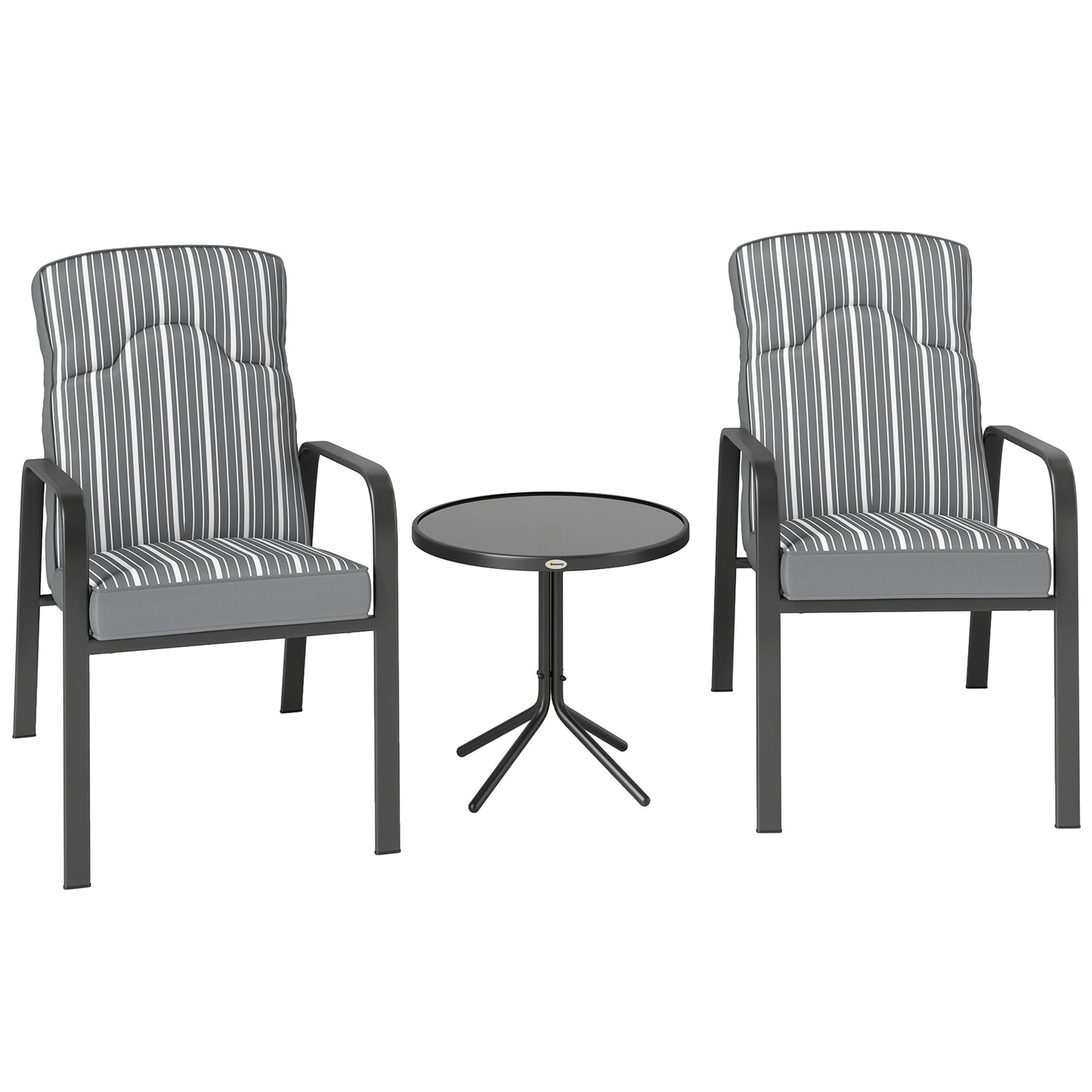 3-Piece Patio Bistro Set, 5-Position Adjustable Recliner Garden Chairs and Tempered Glass Table, Garden Furniture Set with Cushions, Grey