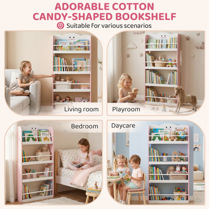 4-Tier Kids Wall-Mounted Bookshelf | Cotton Candy Theme | MDF & Pine | Anti-Tip | 3+ Years | Pink & White