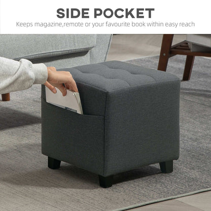 Square Footstool, Small Ottoman with Side Pocket, Linen Fabric Foot Stool W/ Rubber Wood Legs and Pad Seat for Living Room, 35 x 35 x 35cm, Grey