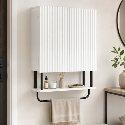 Bathroom Wall Cabinet | Double Doors | Open Shelf & Towel Rail | Wavy Door Style | Humidity-Resistant Painted MDF | 49 x 18 x 66cm | 30kg Capacity | Space-Saving Wall-Mounted | White