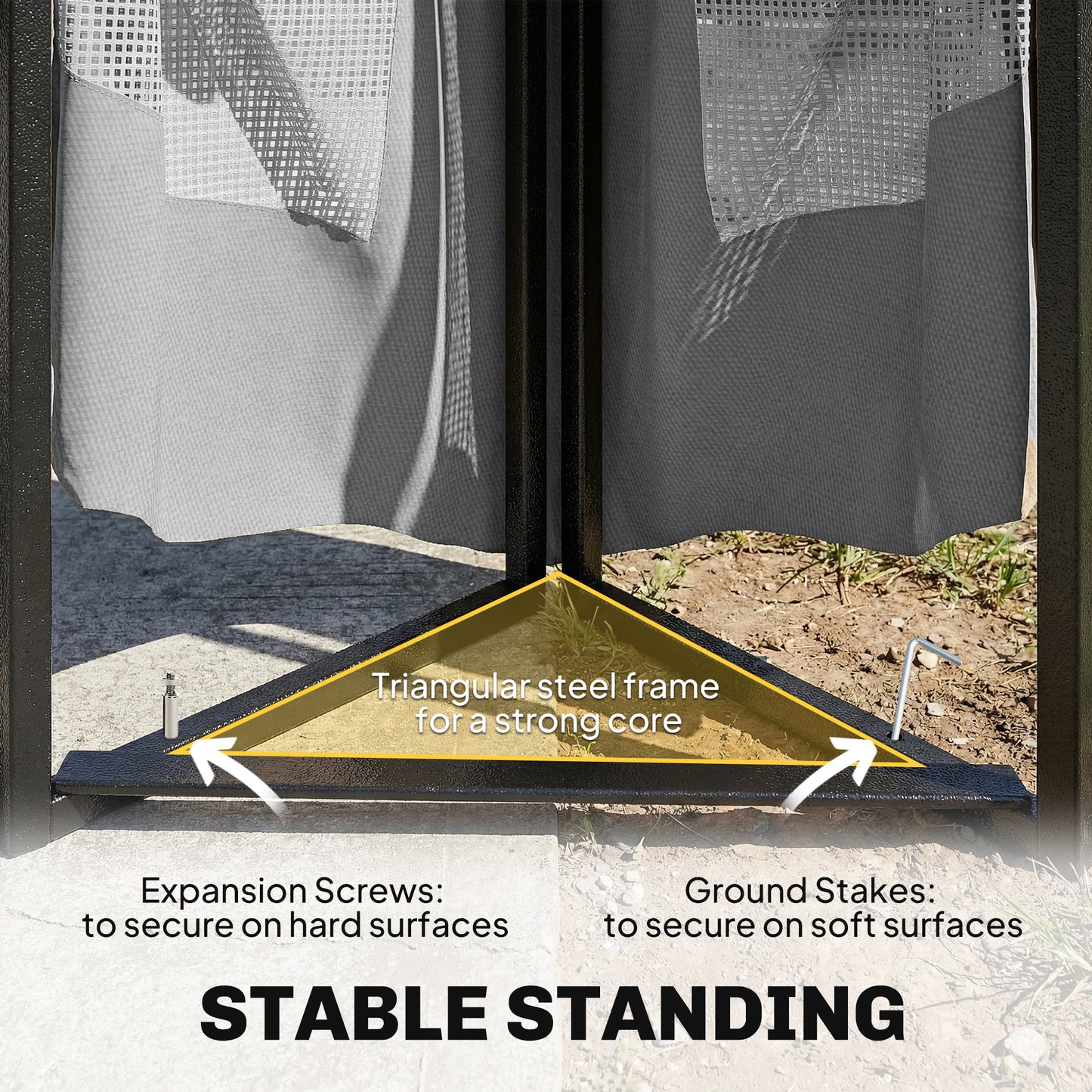 3x3.6m Permanent Garden Gazebo | Double-Tier UPF50+ Roof | Mesh Panels | Integrated Corner Shelves | Ceiling Hook | Triangular Powder-Coated Posts | Expansion Screws | Ground Stakes | Dark Grey