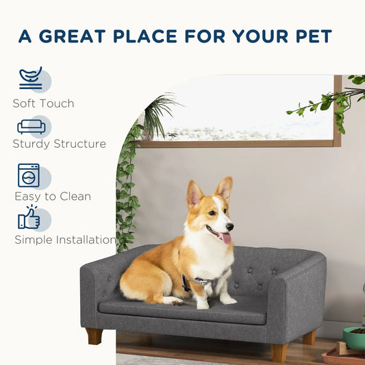 PawHut Raised Dog Sofa, Elevated Pet Sofa for Small Medium Dogs, Grey