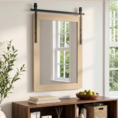Farmhouse Wall Mirror | 110H x 66W cm Rectangle | Decorative Barn-Door Detail & Tempered Glass | White Oak or Dark Brown