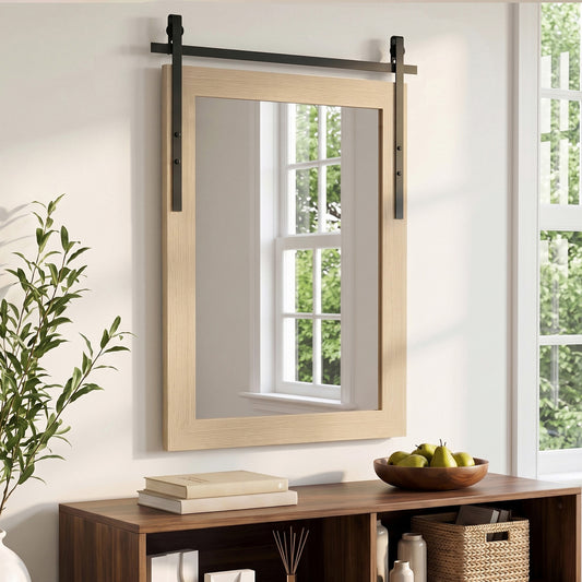 Farmhouse Wall Mirror | 110H x 66W cm Rectangle | Decorative Barn-Door Detail & Tempered Glass | White Oak or Dark Brown